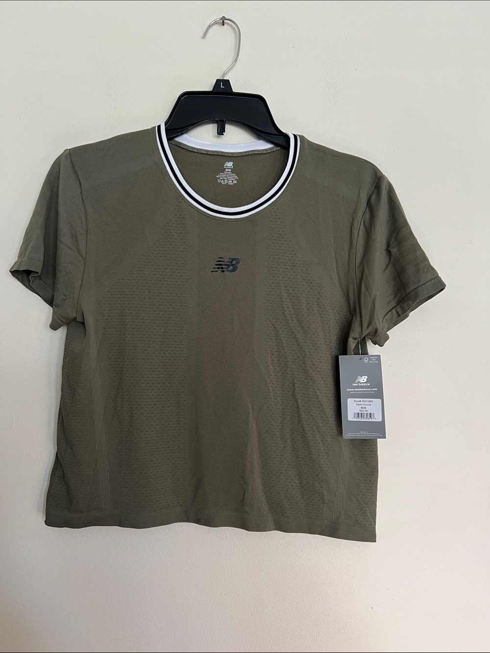 New Balance Olive Green Tee with Black and White Ribbed Collar